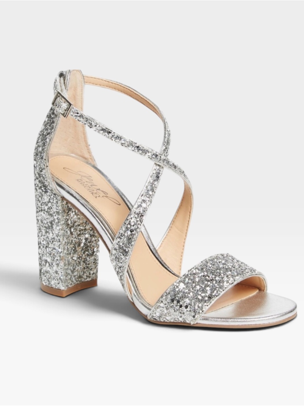 Badgley Mischka Jewel Cook Dress Sandals Heels Chunky Block Glitter Evening 8.5